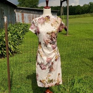 Adrianna Papell Floral Lace Midi Dress in Ivory with Pink and Gold Accents